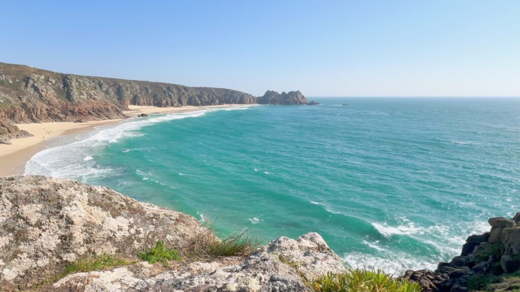 View of Porthcurno and Pedn Vounder from below The Minack Theatre